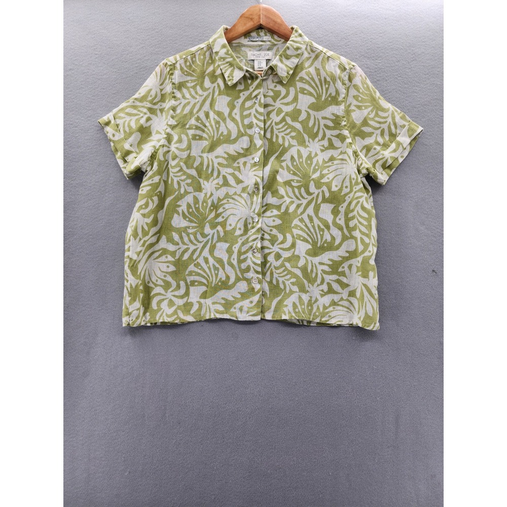 Rachel Zoe 100% Linen Tropical Palm Print Button Down Shirt Green White Womens M